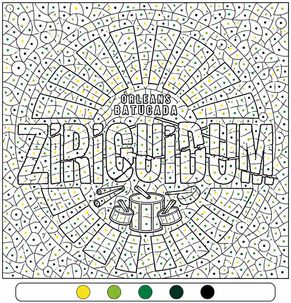 Grand coloriage du logo Ziriguidum et de trois instruments