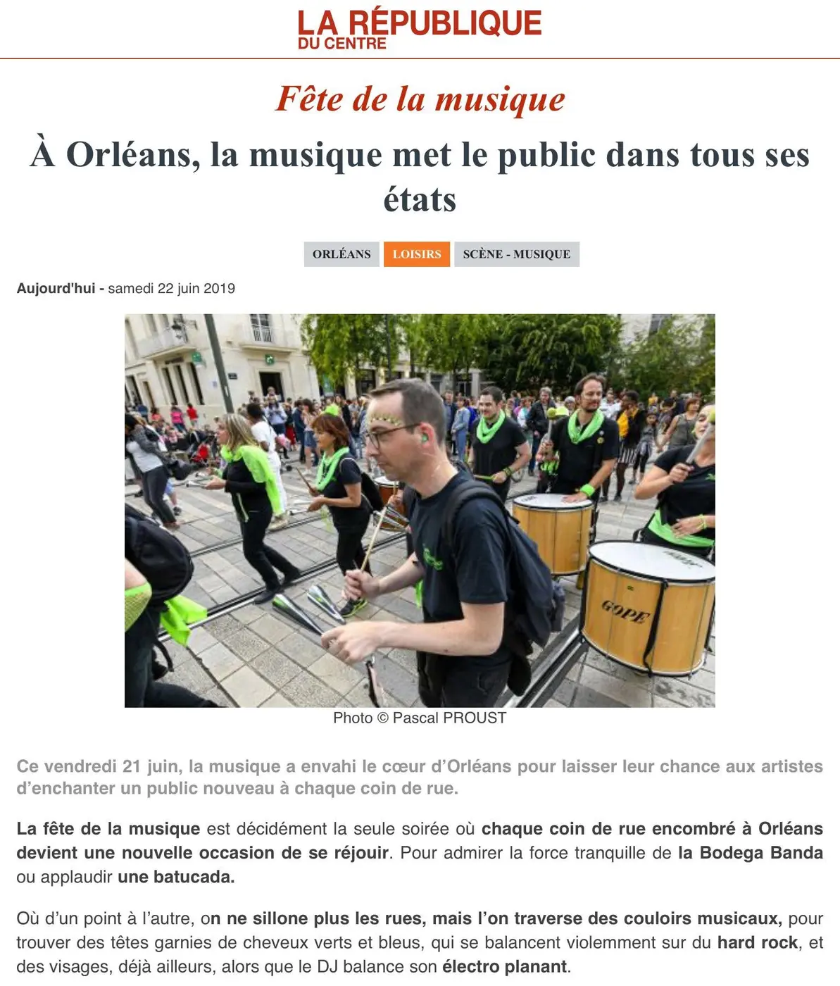 Article de La République du Centre sur la Fête de la musique à Orléans